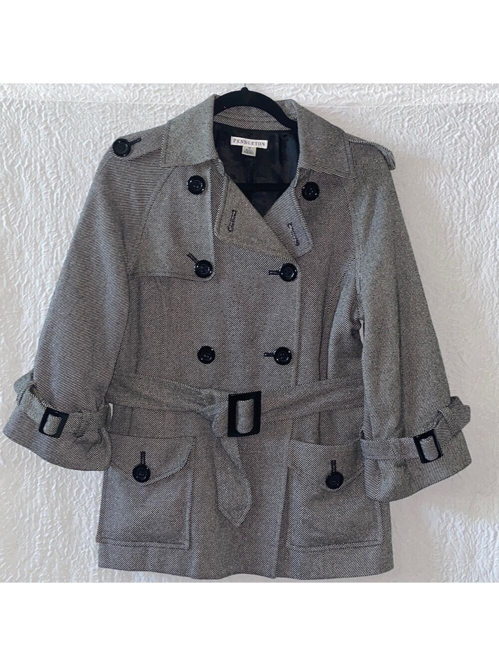 Pendleton Tweed Stripe Pattern Pea Coat Silk Wool Blend Jacket